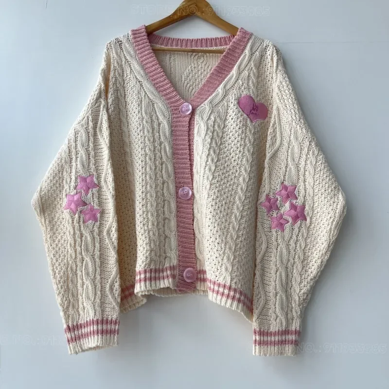 Lover Pink Cardigan Women Heart Knitted Cardigans with Star Embroidery Winter Vintage Oversized Sweater Y2k Couples Tops 4