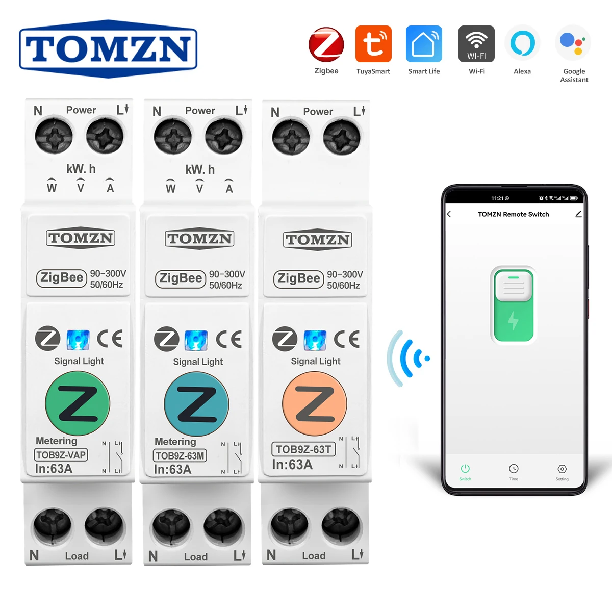 Tomzn-interruptor Inteligente Zigbee Medidor de Energia Monitoramento de Medição Kwh Disjuntor Relé Temporizador Mcb Tuya Smart Life 63a 1p Mais n