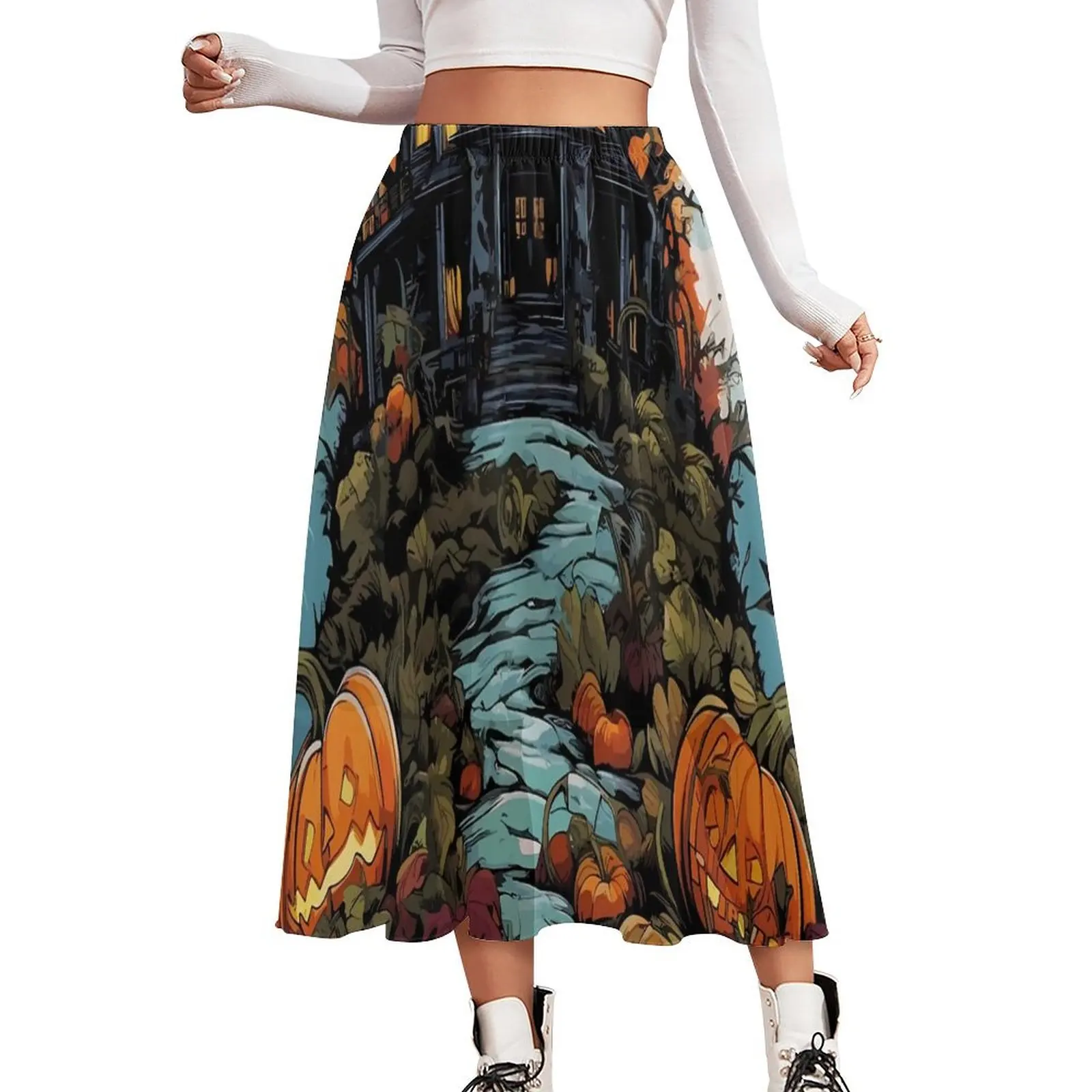 

Vegan Haunted Mansion Skirt Spooky Halloween Street Fashion Long Skirts Kawaii A-line Skirt Womens Custom Oversized Clothing