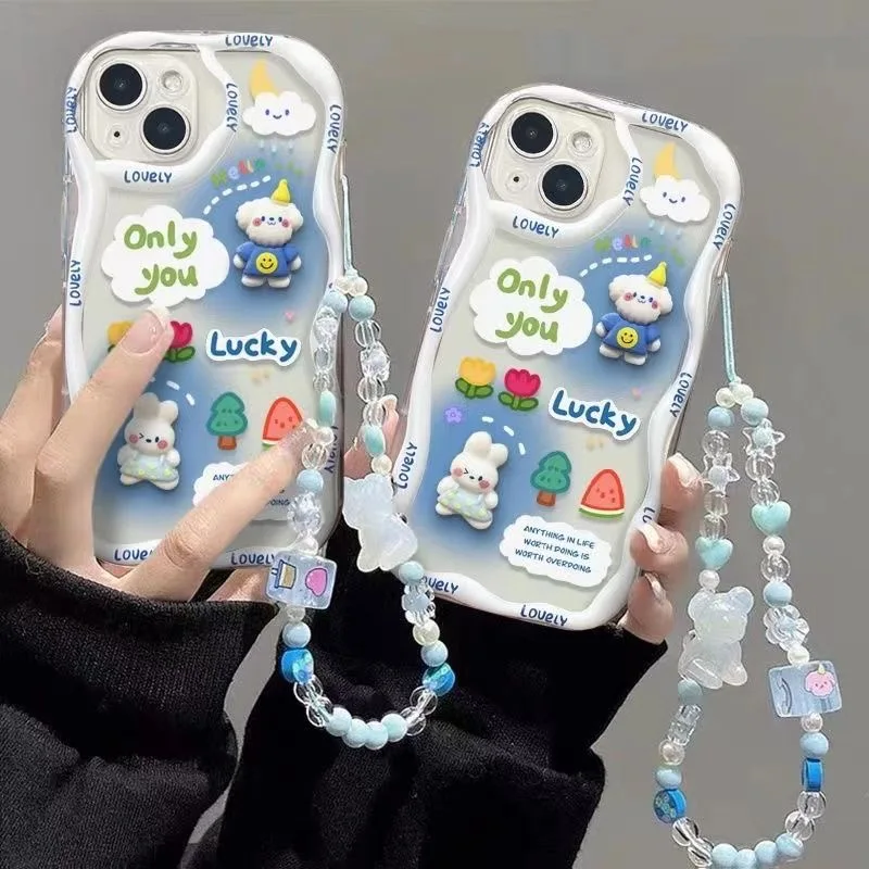 3D Rabbit Puppy Cartoon Wave Soft Phone Case with Lanyard