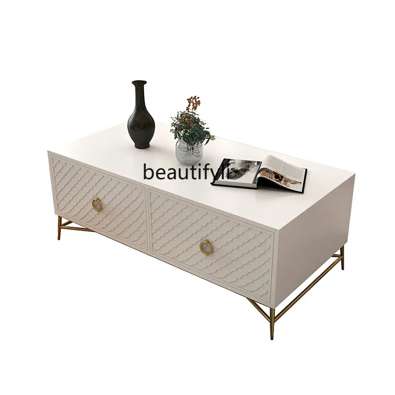 

Light Luxury Post-Modern Coffee Table Living Room Coffee Table White with Drawer Tea Table Neoclassical Coffee Table