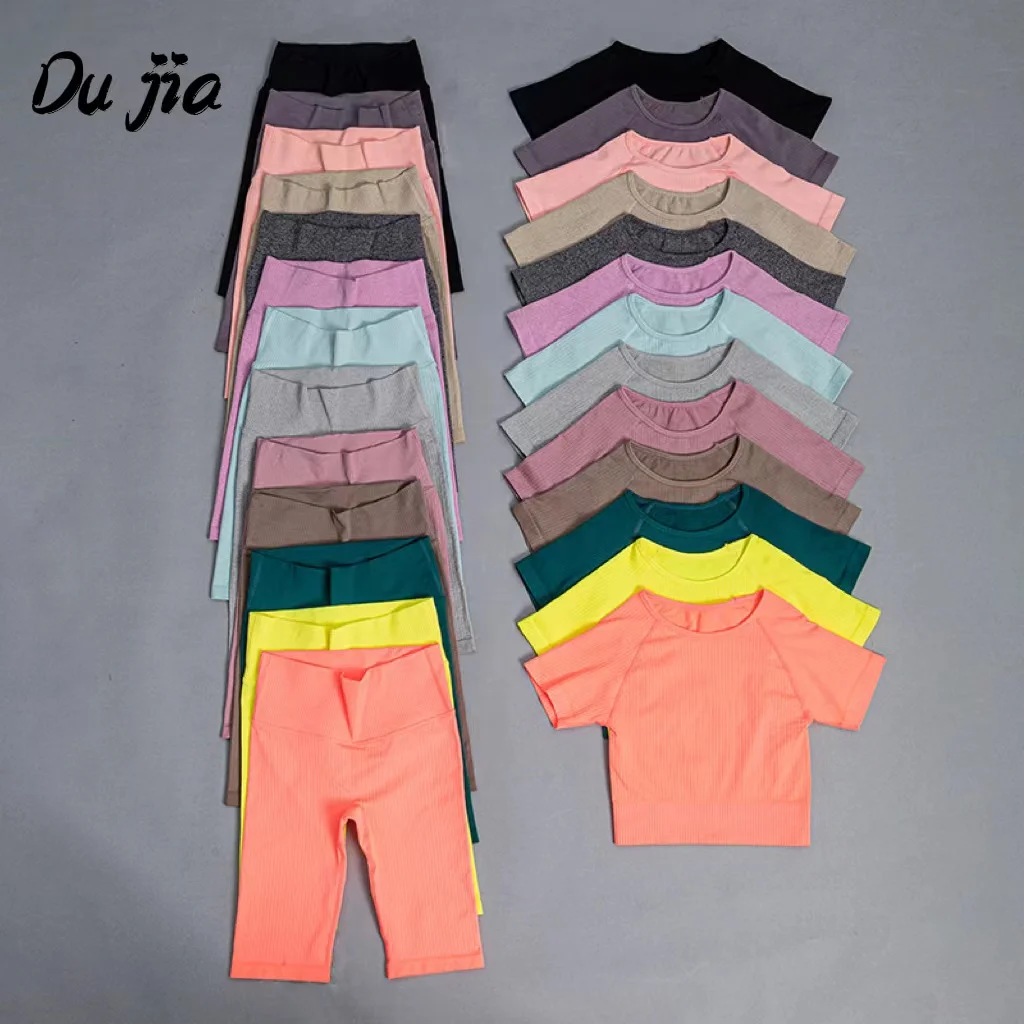 

2022New Sportswear Women Seamless Fitness Yoga Suit Short Sleeve Crop Top High Waist Workout Clothes Gym Wear Sports Outfit