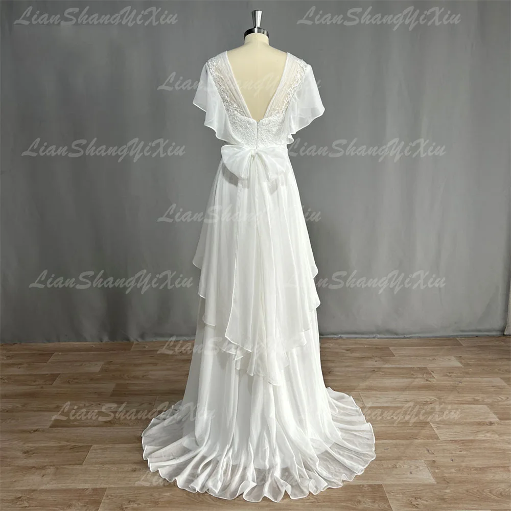 Customized Boho V-Neck Wedding Dresses Chiffon A Line Short Sleeves Backless Floor Length Ruffles Beach Bridal Gowns Bohemian 5