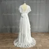 Customized Boho V-Neck Wedding Dresses Chiffon A Line Short Sleeves Backless Floor Length Ruffles Beach Bridal Gowns Bohemian 5