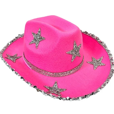 Cowgirl Hats Diamond Glitter Western Hat for Women Fashion Rhinestone Star Wide Brim Cowgirl Caps for Wedding Music Costume Party