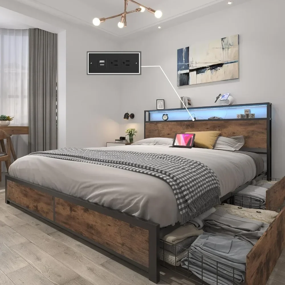 

Headboard with 2 Layers of Storage, Metal Platform Bed Frame with 4 Storage Drawers, Built-in Charging Station and LED