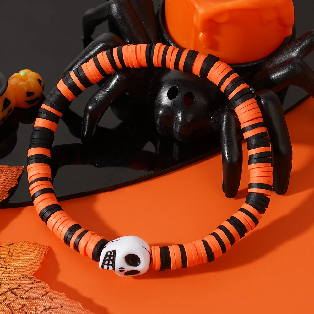 Orange Schädel Geist gemischte Farbe Ton Perlen Armbänder für Frauen Kinder Halloween Zubehör niedlichen kreativen Schmuck Festival Geschenk – Detail 6