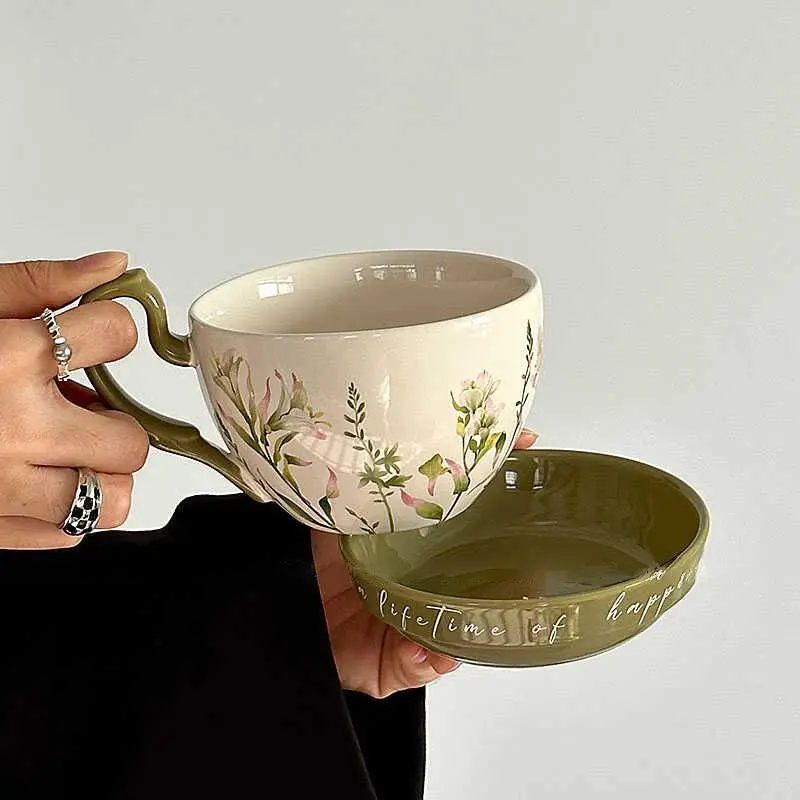 Large Capacity Ceramic Breakfast Cup with Crank Retro Rural Style Coffee Cup Dish Cups Lid Set Household Milk Mug Niche Gift