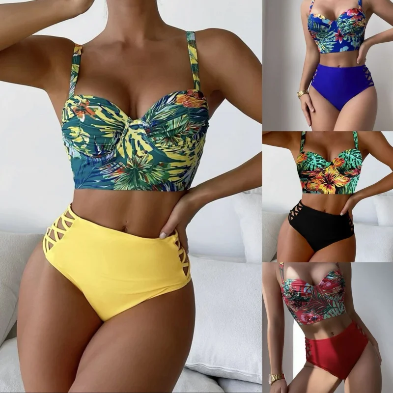 2024New Sexy Hard Cup Steel Bracket Printed Split SwimsuitbikiniWholesale Hot Sale