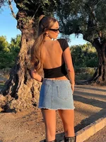 Women's O-neck Backless T-shirt Short Sleeve Solid Color Crop Top Summer Cute Baby Tee Y2K Clothes Bodycon Tunics Fashion Tank - Image 3