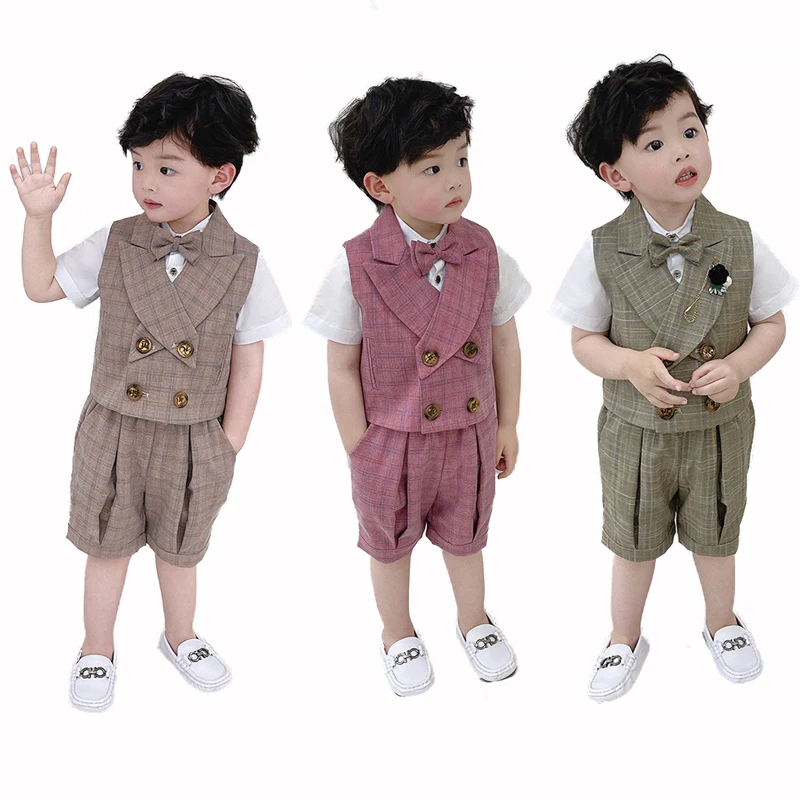 Children's Summer British Gentleman Vest Suit Set Boys Birthday Party Wedding Performance Dress Kids Waistcoat Shorts Bowtie