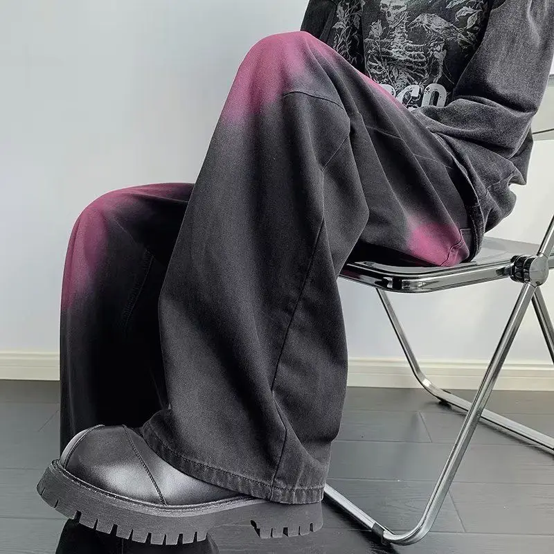 Fashion Korean retro graffiti wide leg jeans men autumn American street hip hop y2k trendy brand loose straight casual trousers
