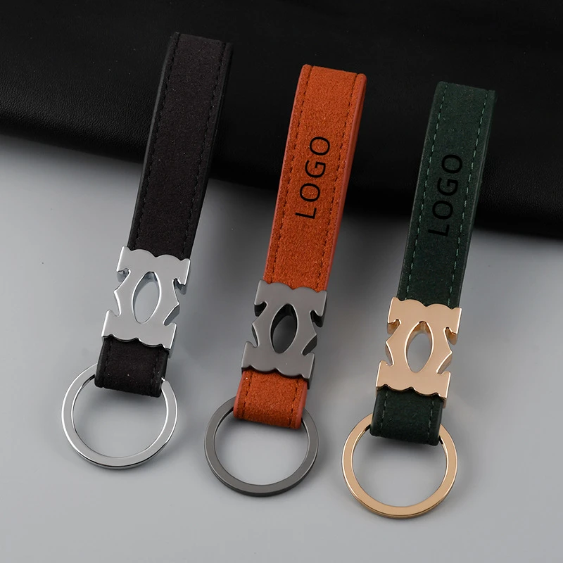 Customized LOGO Double C Suede Keychain for Men Women Laser Engrave Leather Car Key Chain Ring Vintage Retro Personalize Keyring