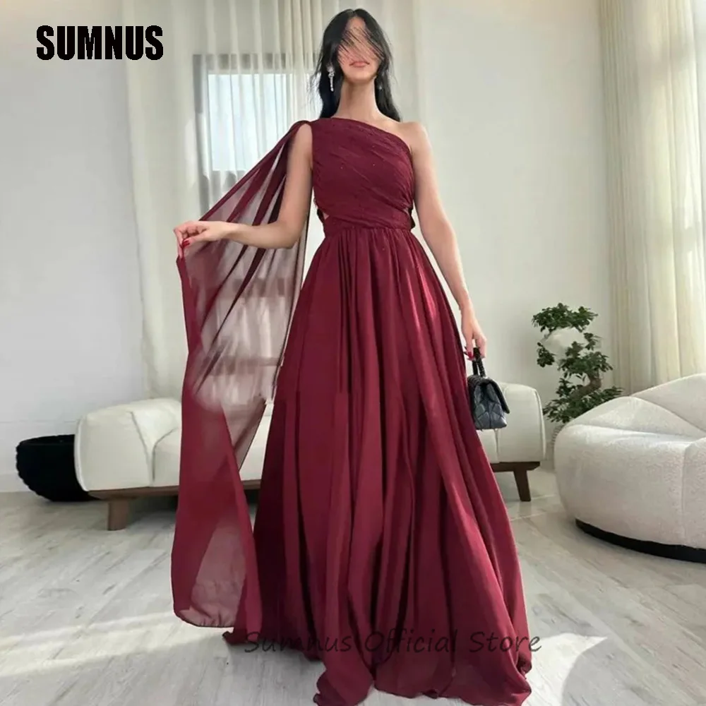 

SUMNUS Burgundy Chiffon One Shoulder Evening Dresses Pleats Long Party Dress A-Line Formal Occasion Gowns فساتين مناسبة رسمية