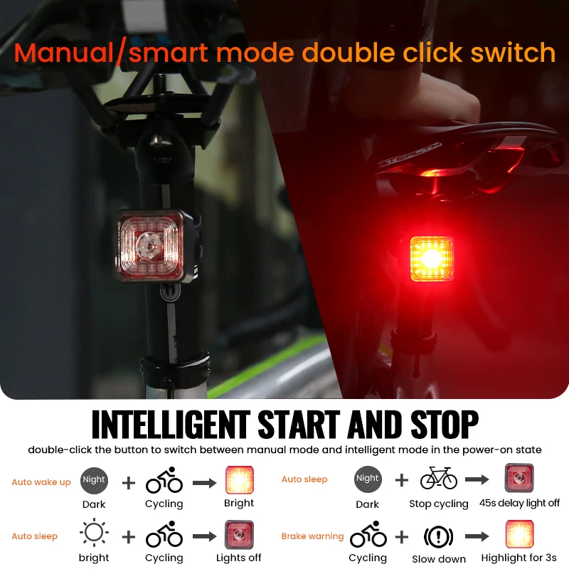 120LM Bicycle Smart Brake Sensing Light Rear/Front Sets IP66 Waterproof MTB Road Bike Taillight USB Night Cycling Safety Lamp