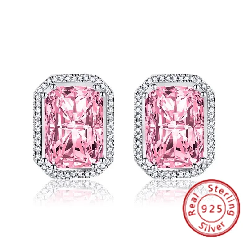 

Square Diamond Pink Rectangular Diamond Studded Earrings for Women's High-end Feel, Super Sparkling 925 Sterling Silver