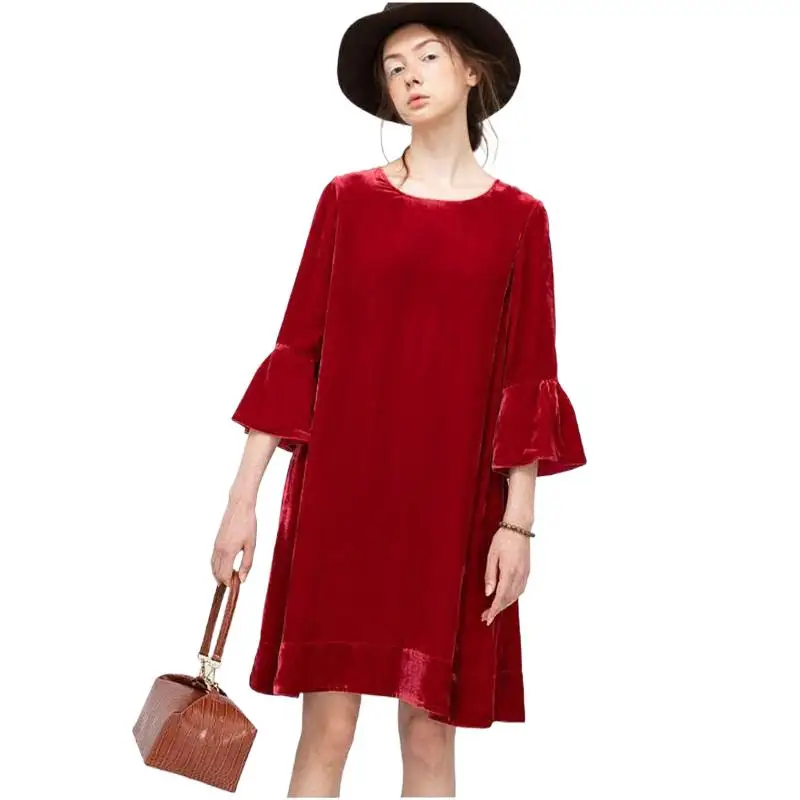 

Women Spring Autumn Velvet Mini Dress O-Neck Three Quarter Sleeve Knee-Length Dress Velour A-line Vintage Dress Party Vestidos