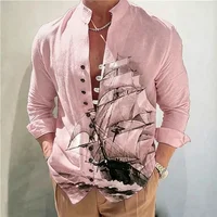 Chemise à col montant pour homme, imprimé bateau à voile vintage, boutonnée, coupe décontractée, chemisier de plage pour les vacances 2