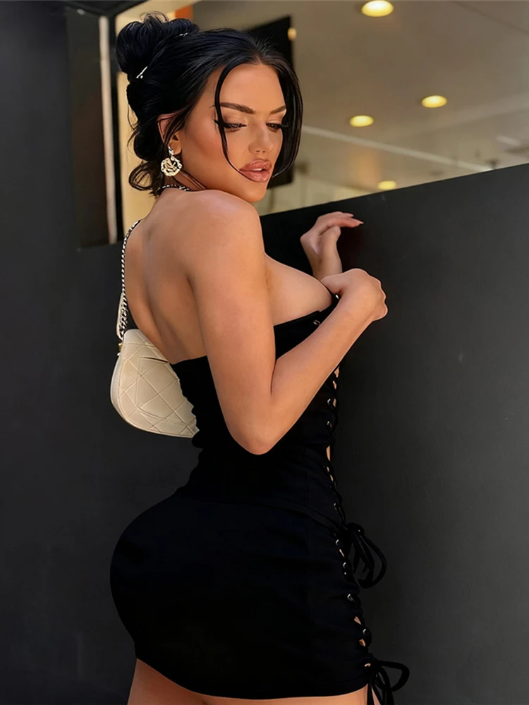 Nibber Fashion Hollow Bandage Design 2 Piece Set Woman Off Shoulder Backless Corset Tops+Skinny Mini Skirts Hot Girls Sexy Suits