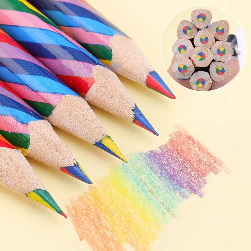 1-12pcs 컬러 연필 육각형 삼각형 4 색 나무 무지개 코어 컬러 연필 아이 학교 미술 그림 그리기 연필