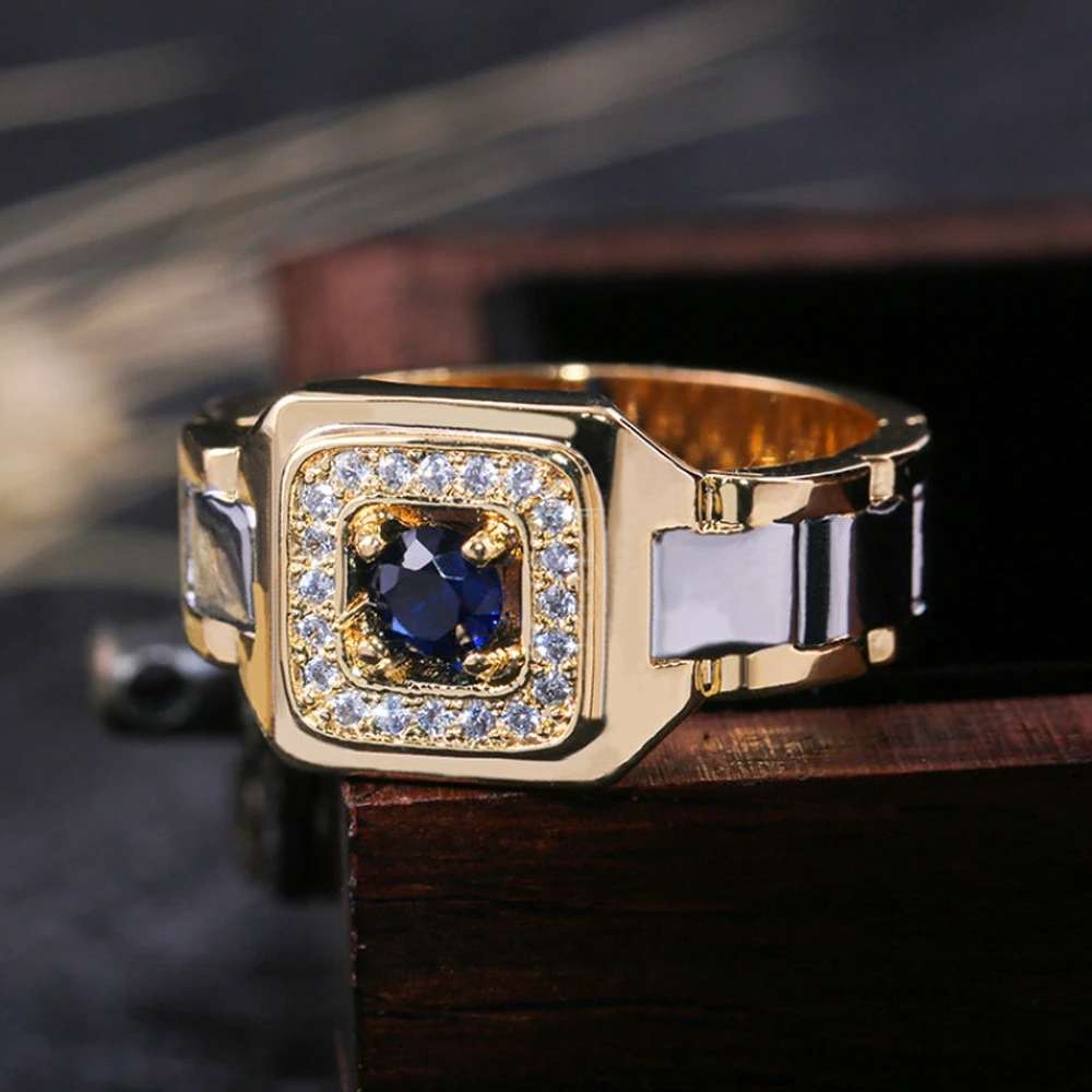 

Blue Zircon Crystal Silver Gold Men Punk Fashion Jewelry Wedding Engagement Party Finger Rings