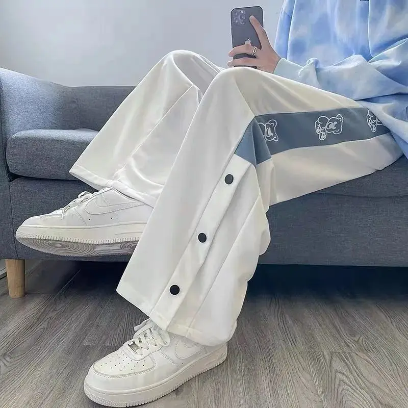 

Button up Harajuku Anime Sweatpants Male Wide Leg Man Pants Preppy Basketball Ankel-length Trousers Streetwear Korean Fashion
