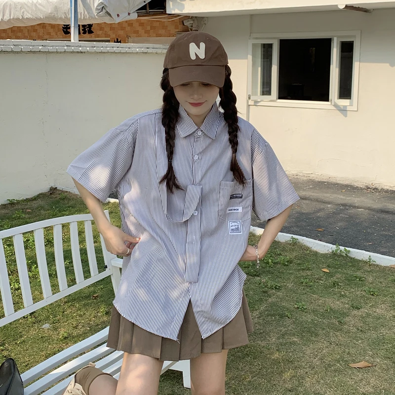 

Уличная одежда EBAIHUI, полосатая рубашка, женская одежда в стиле Харадзюку, винтажная Корейская летняя блузка для девочек, топы унисекс, футболки, готические рубашки