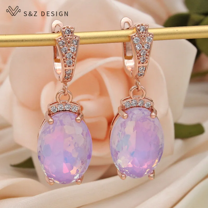 S&Z DESIGN New Fashion Cubic Zirconia Large Colorful Oval Crystal Dangle Earrings For Women Wedding 585 Rose Gold Color Jewelry