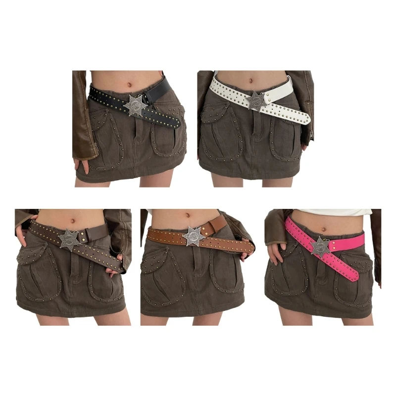 

Harajuku Adult Waist Belt with Carved Buckle Alloy Rivet Waistband PU Waist Belts for Women Universal Pants Belt