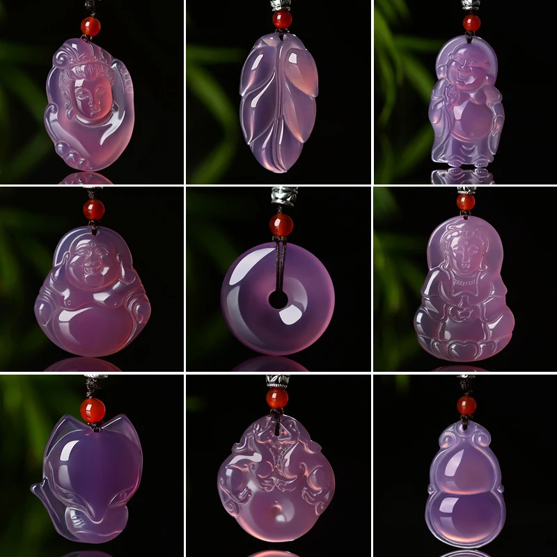 

Natural Purple Chalcedony Pendant Safe Buckle Guanyin Buddha Female Ice Agate Long Sweater Chain Jade Jewelry Gift