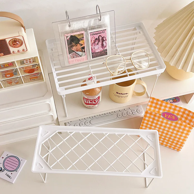 Korean Ins Desktop Folding Storage Rack White Stationery Organizer Student Desk Storage Holder Dormitory Office Cosmetics Shelf