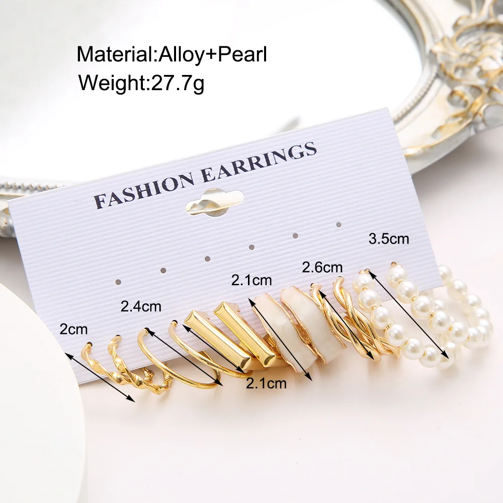 LATS Boho Big Circle Hoop Earring Set for Women Gold Color Bohemia Vintage Pearl Square Earring Heart Zircon Ear Studs Jewelry 4