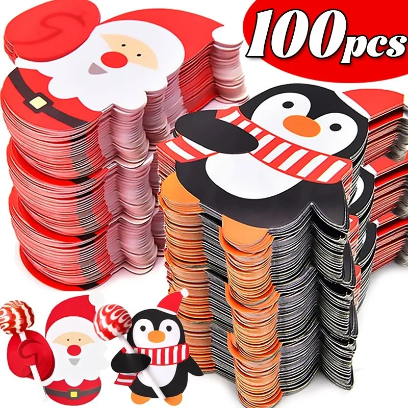 

100/25Pcs Christmas Lollipop Paper Cards Cartoon Santa Claus Penguin Snowman Kids Gifts Package Wrapping New Year Party Decors