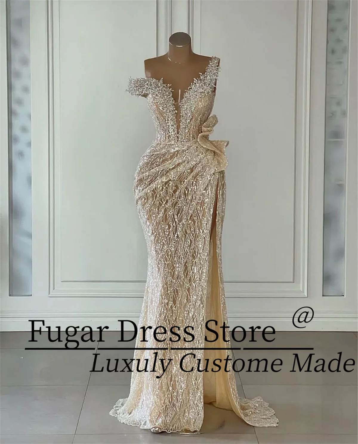 Elegant champagne mermaid sleeveless V neck beaded appliques sequins pearls floor length side slit lace prom dresses فساتين سهرة women prom dresses
