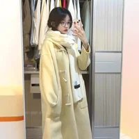 Elegant Yellow Woolen Coat Women's Mid-Length 2025 Autumn Winter Clothes Hooded Small Size Buttoned Woolen Jacket