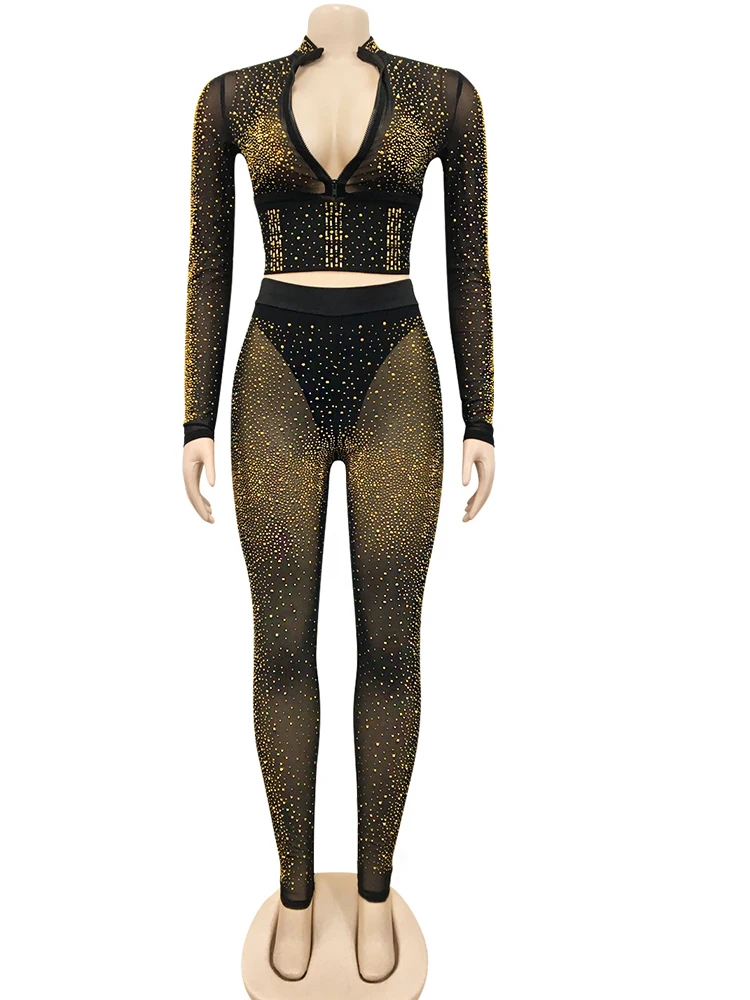 plus size suit sets Beyprern Sparkle Crystal Pants Set (Black) 2022 Spring See Through Rhinestone Studded Crop Top And Legging Set Party Club Wears women's sweat suits sets Suits & Blazers