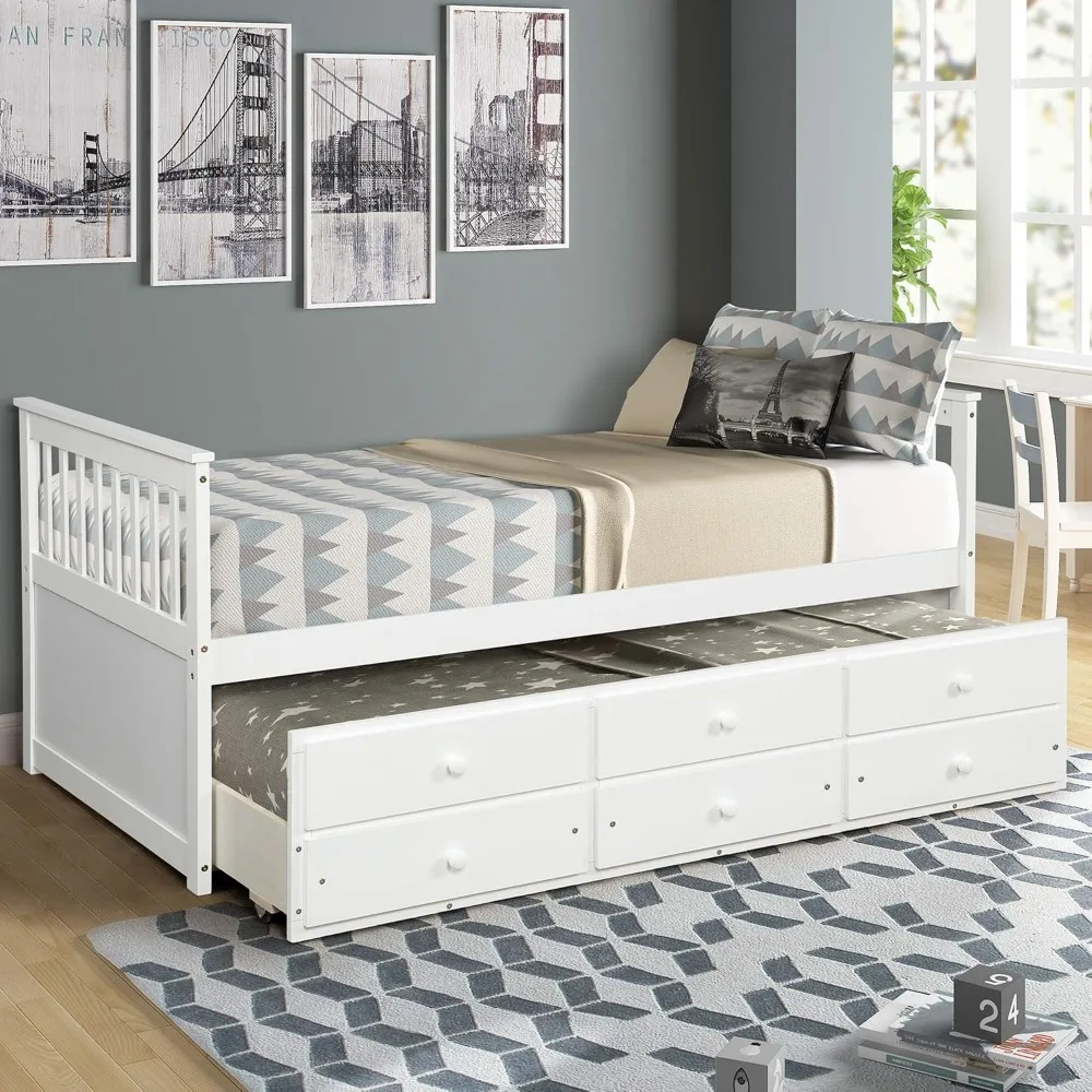 Storage Twin Bed with Trundle and Drawers Wood Daybed Captain’s Bed Bedroom Furniture for Kids Teens Guests 6