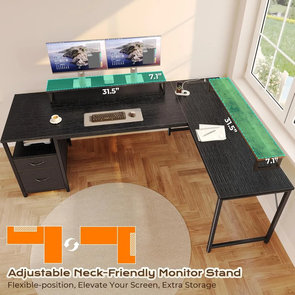 63 Inch L-Shaped Desk with Power Outlets, USB-C Port, Fabric Drawers & Movable Monitor Stand for Home Office Gaming Work