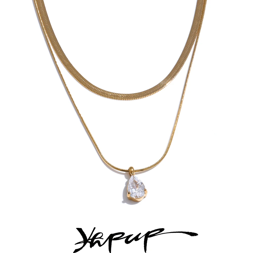 Yhpup Necklace Stainless Steel Chain Double Layer Water Drop Zirconia Jewelry