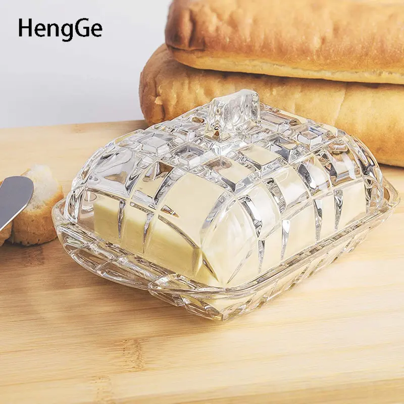 LightLuxuryClearGlassButterDishwithLidCreativeKitchenGridReliefBoxesWesternFood