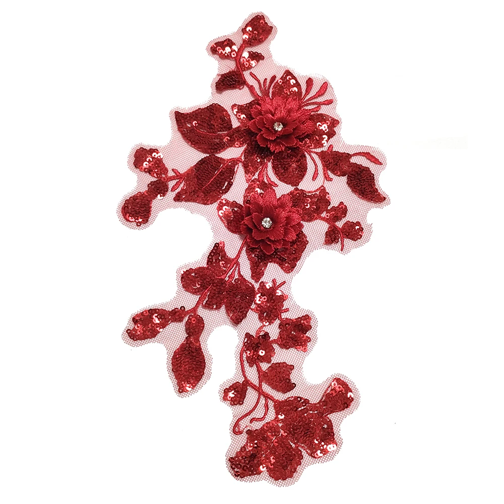 1PCRedSequinFlowerEmbroideryPatchSewOnAppliquesFabricLace
