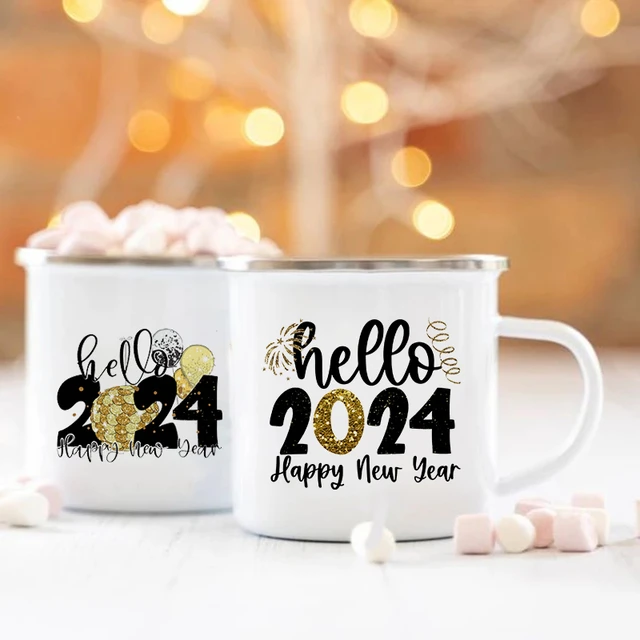 Hello 2024 Printed Enamel Mugs Coffee Cups Happy New Year Party Wine Juice  Mug Hot Cocoa Cup New Year Gifts for Family Friends - AliExpress