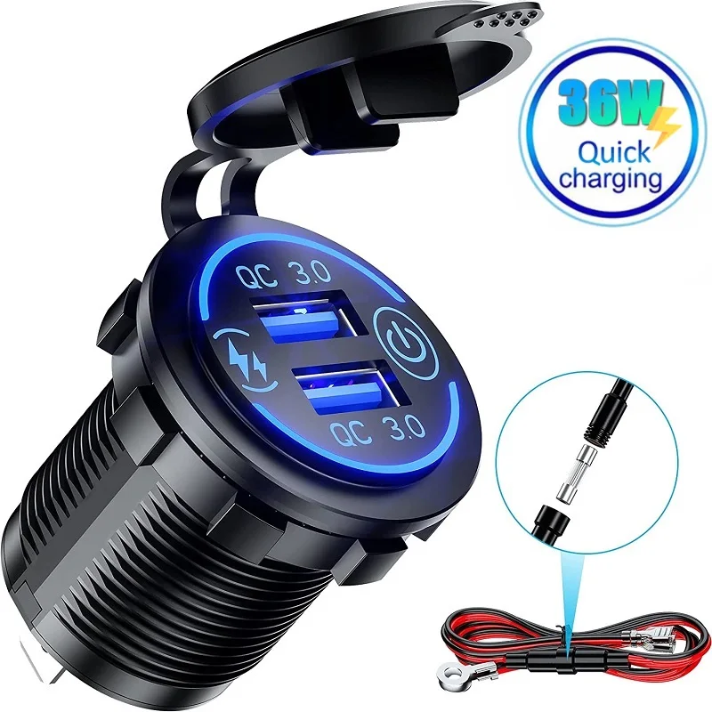 Dual USB Car Charger Socket with Quick Charge 3.0 and Touch Switch - Waterproof Fast Charging Power Outlet