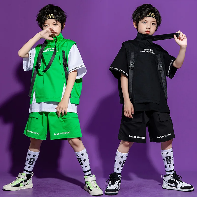 Kid Hip Hop Clothing Grahphic Tee Oversized T Shirt Sleeveless Jacket Green Summer Shorts for Girl Boy Dance Costume Clothes