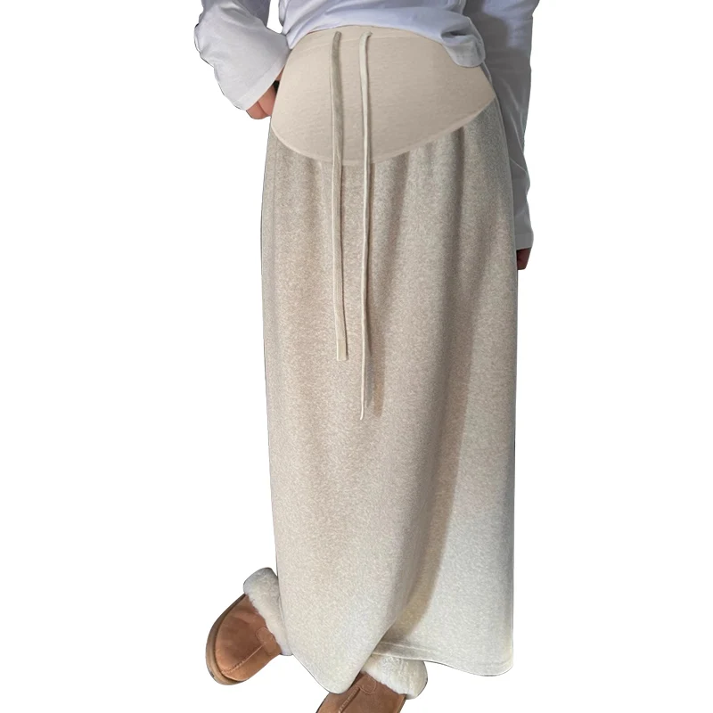 Korean Style Winter Long Loose Maternity Thick Warm Straight Skirts Drawstring Waist Pregnant Woman Long Woolen Skirt Back Split