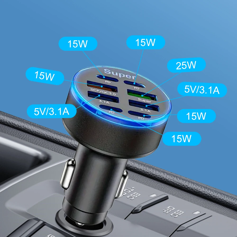 100W 8Ports Car Charger Fast Charging PD QC3.0 USB C Car Phone Charger Type C Adapter in Car For iPhone Samsung Huawei Xiaomi