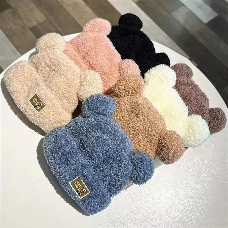 

Warm Plush Hat Fashion Cute Bear Ear Skullcap Beanie Hat Winter Protection Riding Skiing Beanie Hat Casual Outdoor Bonnet Caps