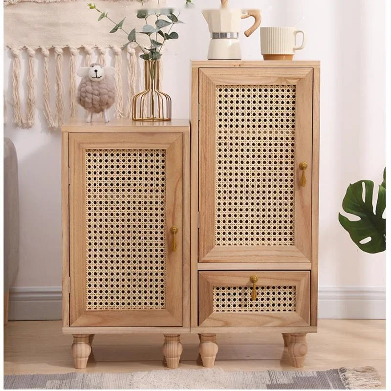 Solid Wood Rattan Woven Storage Cabinet Modern Bedside Table Multi-functional Sofa Cabinet, Bedroom with Drawers, Home Furnitu
