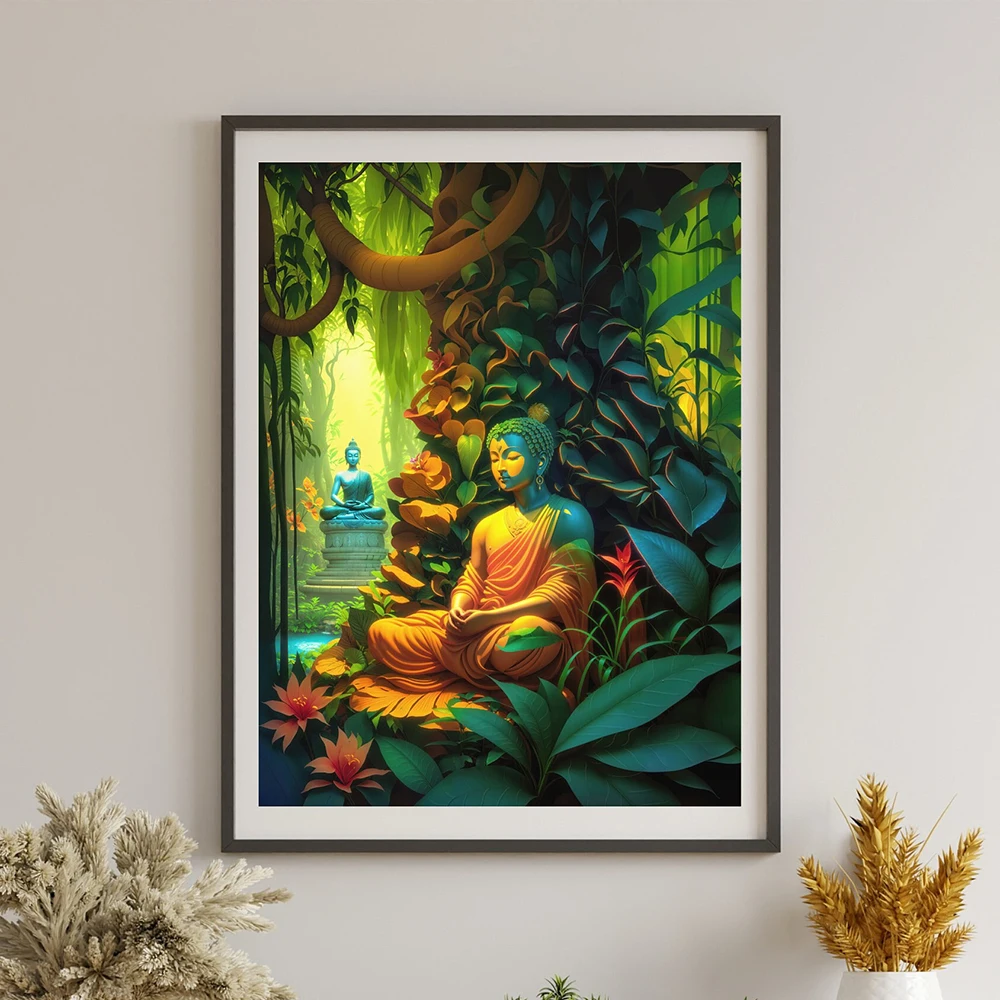 

Golden Serenity Canvas Paintings Meditate Buddha Poster Prints Tropical Foliage Tones Wall Art Picture Living Room Home Decor