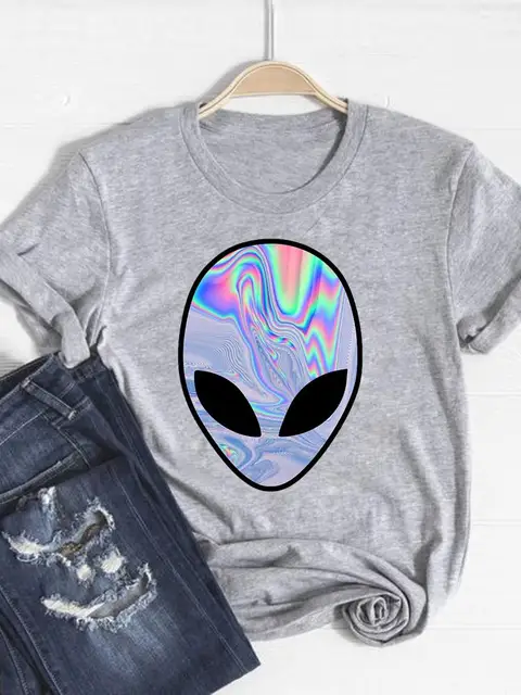 Camiseta de manga corta con estampado de Alien Face para mujer, ropa de verano de los años 90, Camiseta estampada de moda, Camiseta básica gris 1
